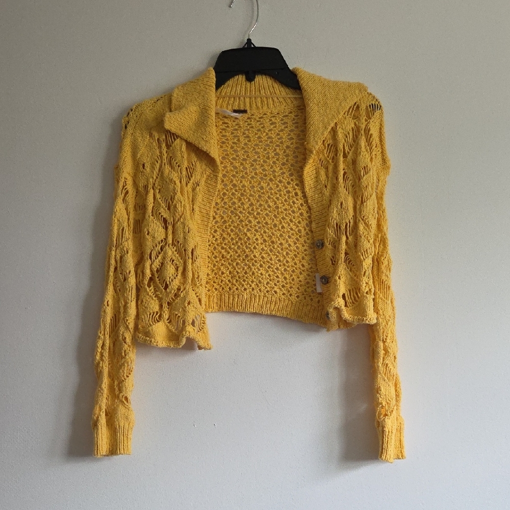 Free People Mustard Open-Knit Cardigan